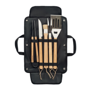 5-teiliges Grillbesteck-Set aus Edelstahl mit Holzgriff und Tasche aus beschichtetem Segeltuch. Inklusive Pfannenwender