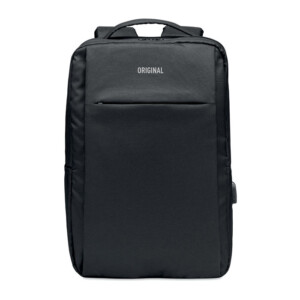 Computerrucksack aus RPET 300D-Polyester mit gepolstertem Schulterriemen und großem Innenfach für einen 16-Zoll-Laptop und ein USB-Ladekabel.-Schwarz-8719941054462-5