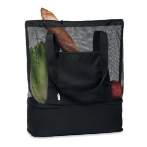 Einkaufstasche oder Strandtasche mit langen Henkeln aus 600D RPET mit RPET-Mesh und Reißverschlusstasche auf der Vorderseite. Isothermisches Fach auf der Unterseite.-Schwarz-8719941051966-3