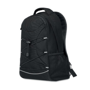 Rucksack aus 600D RPET mit dunklen Zugbändern auf der Vorderseite und reflektierenden Attributen auf der Vorderseite. Netztaschen auf beiden Seiten.-Schwarz-8719941048478-3