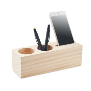 Tischstation aus Holz mit Stift- und Telefonhalter und einem Becher mit Kleesamen und Substrat.-Holz-8719941055636-2